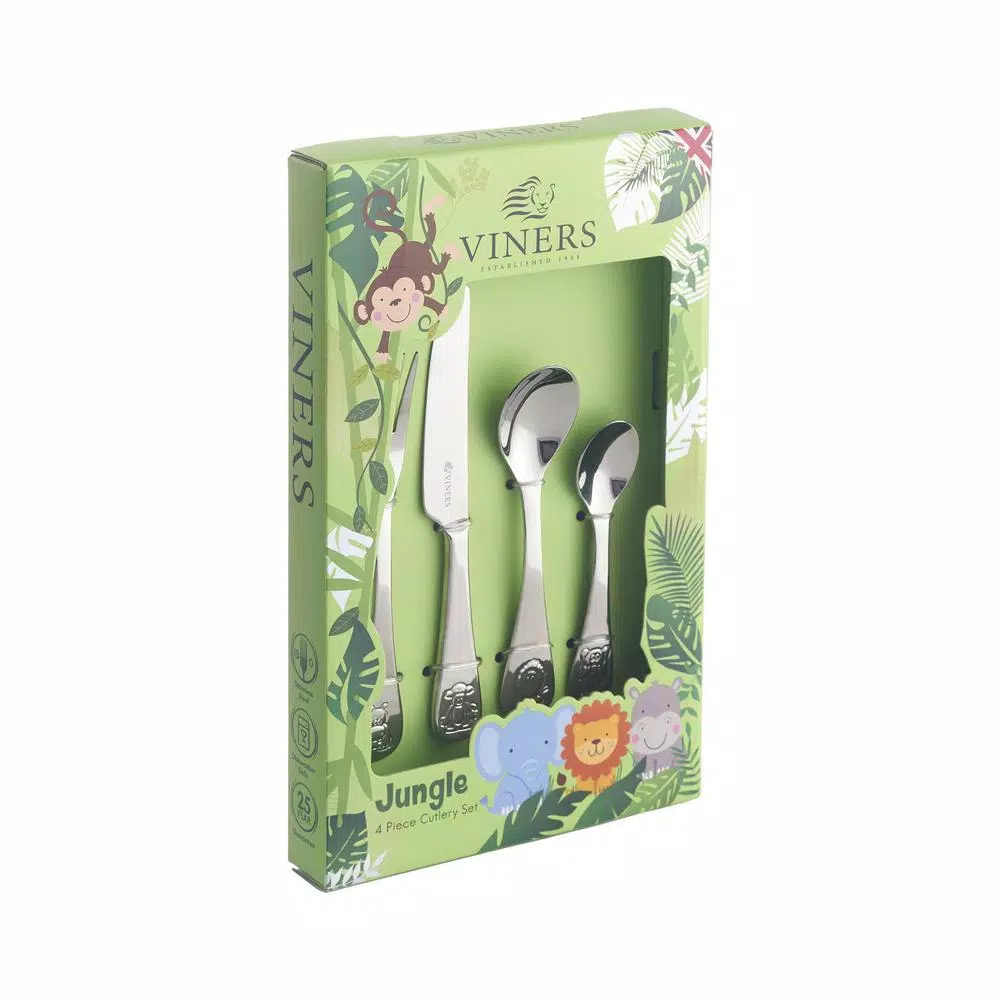 Viners Jungle 4-Piece Stainless Steel Kids Cutlery Set with Animal Embossed Handles