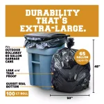 Plasticplace 65 Gallon Black 2.7 Mil Low Density Gusset Seal Trash Bags, 50 in. x 48 in. (100 Count) thumbnail 2