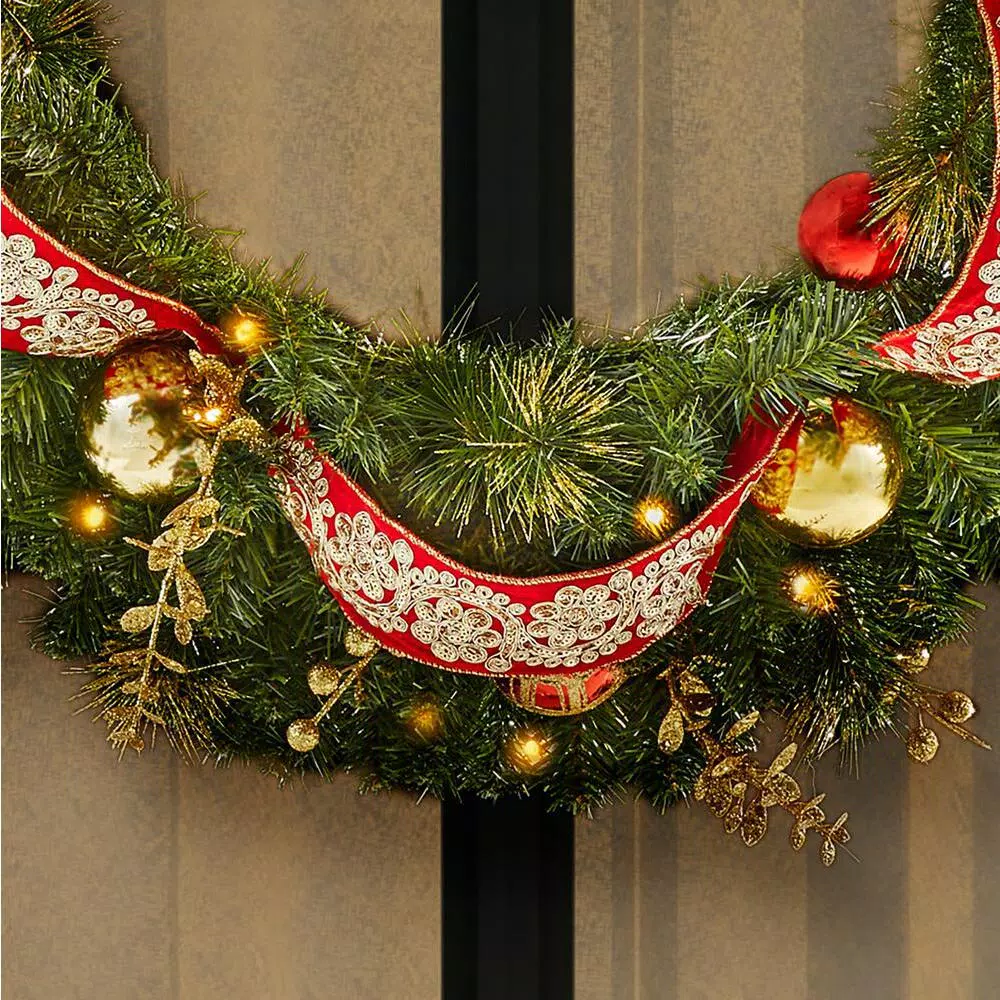 Home Accents Holiday 36 in. Royal Easton Pre-Lit LED Artificial Christmas Wreath with Gold Ornaments and Ribbon