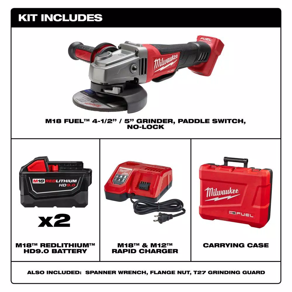 Milwaukee M18 FUEL 4-1/2 in./5 in. Cordless Angle Grinder Kit with (2) 9.0 Ah Batteries & Rapid Charger