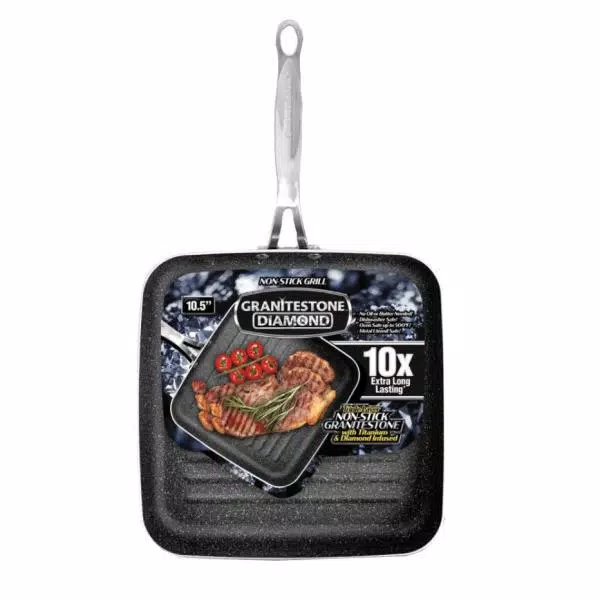GRANITESTONE 10.5 in. Aluminum Diamond Infused Non-Stick Granite Stone Grill Pan, Charcoal
