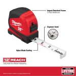 Milwaukee 25 ft. Compact Tape Measure with Engineer Scale and Nylon Blade Protection thumbnail 2