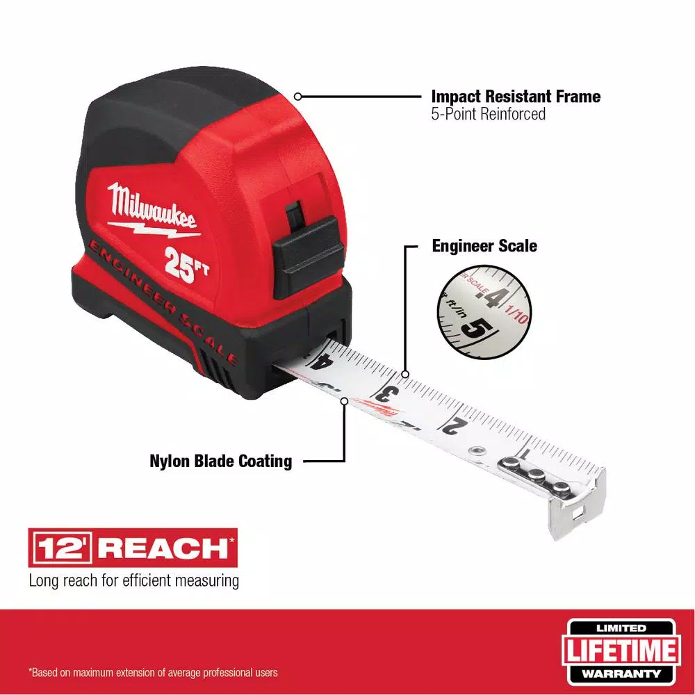 Milwaukee 25 ft. Compact Tape Measure with Engineer Scale and Nylon Blade Protection