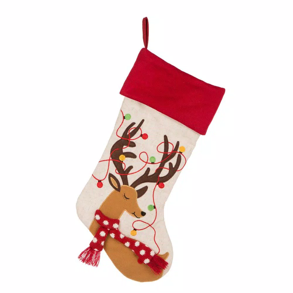 Glitzhome 21 in. LED Embroidered Polyester Linen Christmas Stockings, 2-Pack