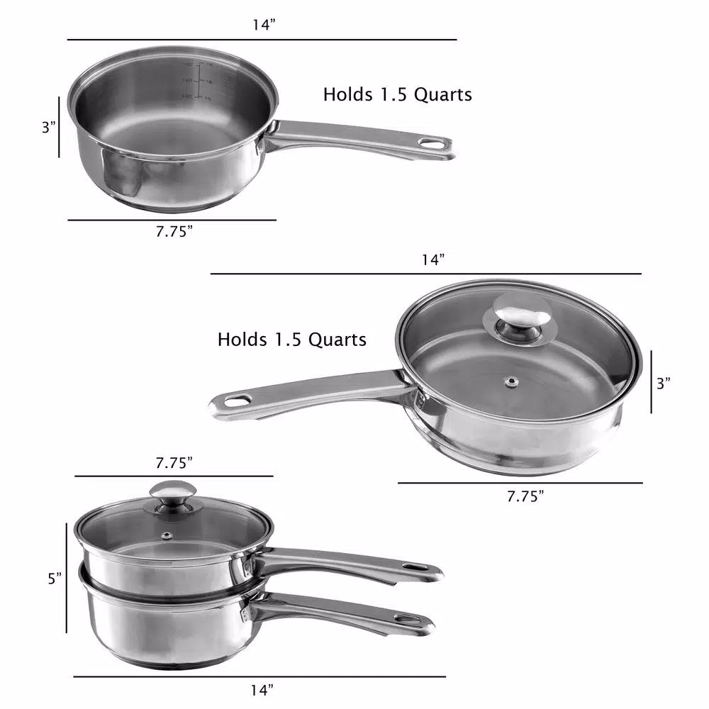 Classic Cuisine 1.5 Qt. Stainless Steel Double Boiler Saucepan Set with Tempered Glass Lid