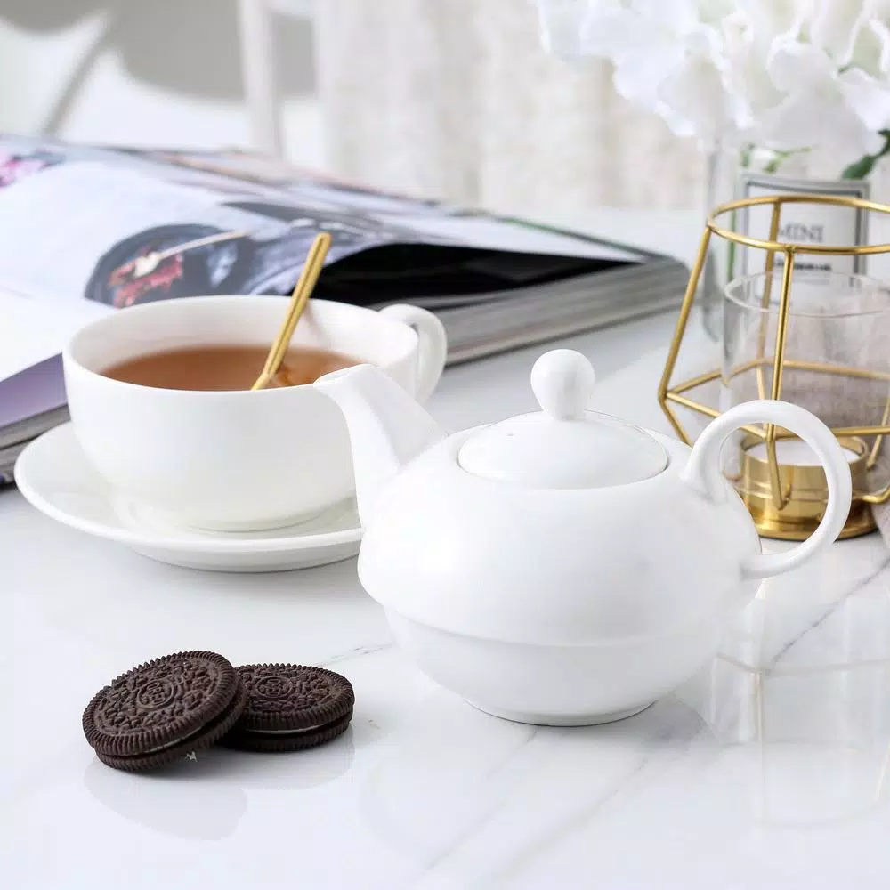MALACASA White Porcelain Tea for One Set - 3 Piece Teapot, Teacup and Saucer Set