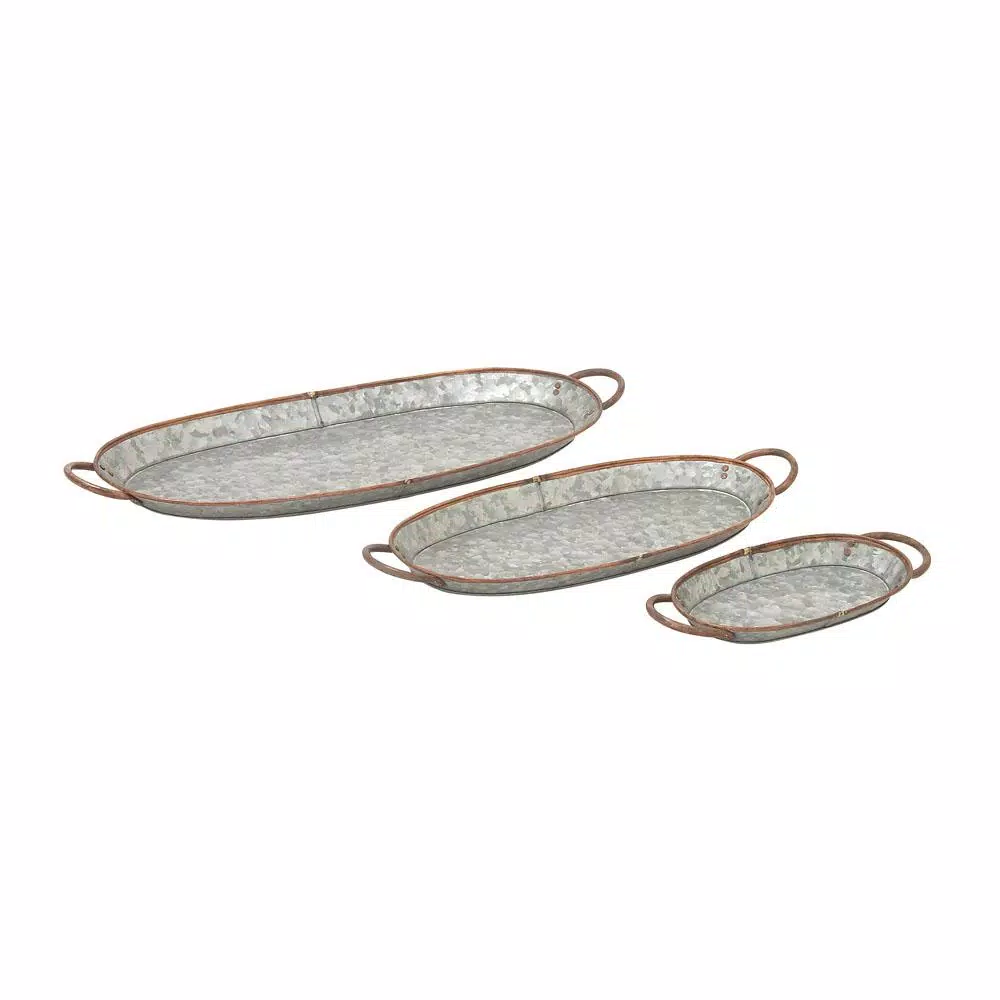 LITTON LANE Farmhouse Hammered Gray Galvanized Iron and Copper Oval Decorative Trays, Set of 3