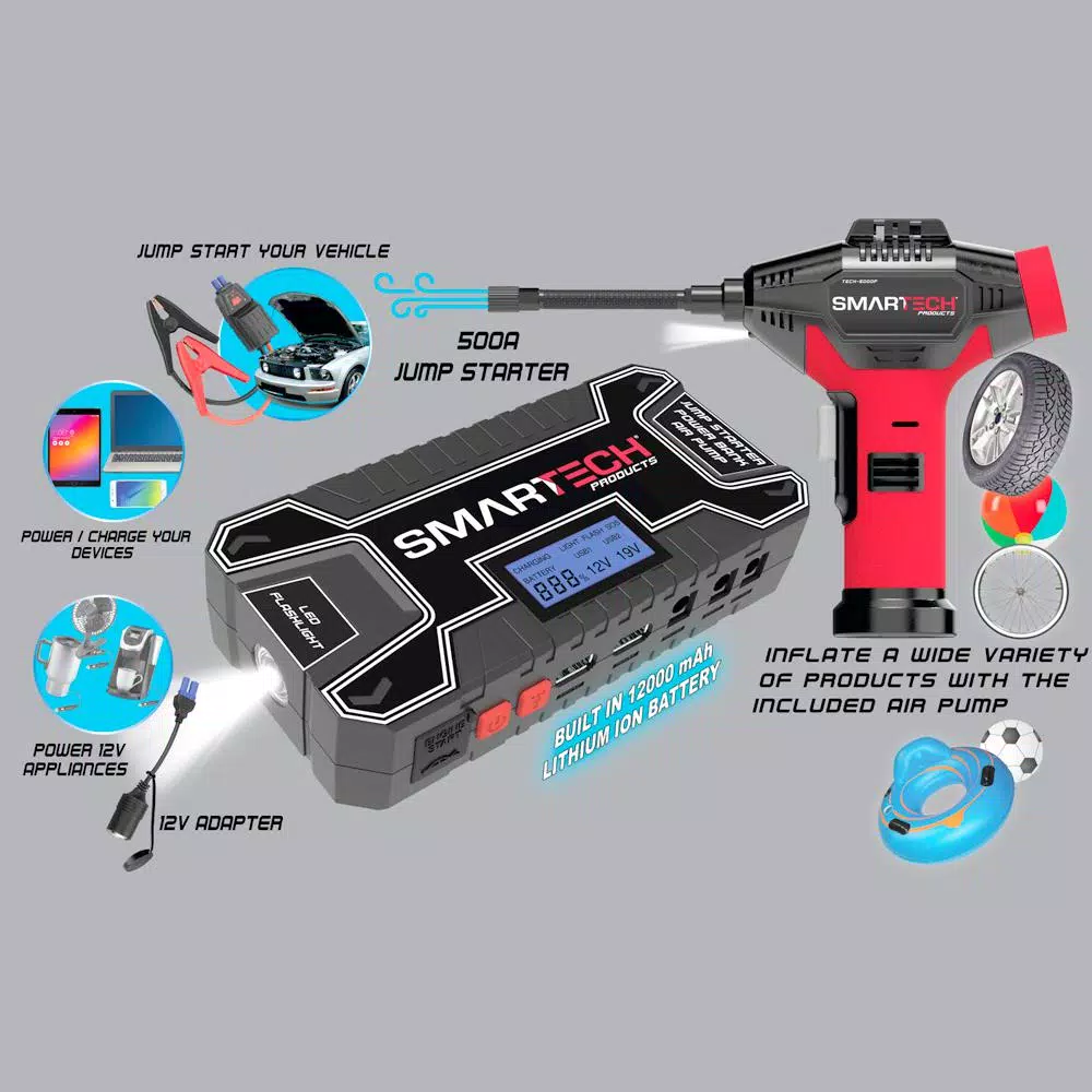 Smartech Products Smartech TECH-5000P 6-in-1 Vehicle Jump Starter, 12000mAh Power Bank, and 150 PSI Air Compressor Kit