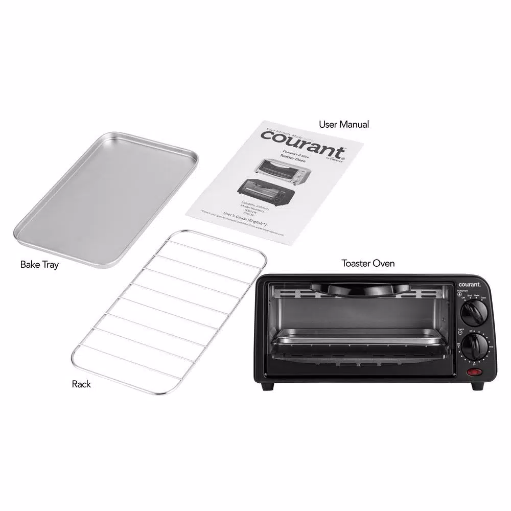 Courant 2-Slice Compact Toaster Oven with Bake Tray and Toast Rack, Black