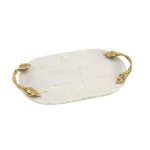 LITTON LANE 20 in. White Marble Oval Decorative Tray with Gold Leaf and Vine Aluminum Handles thumbnail 1