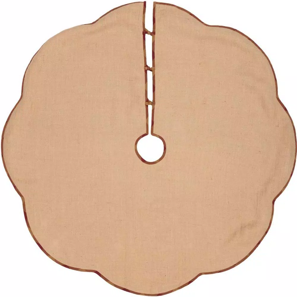 VHC Brands 55 in. Burgundy Check Red Primitive Christmas Tree Skirt with Scalloped Edge
