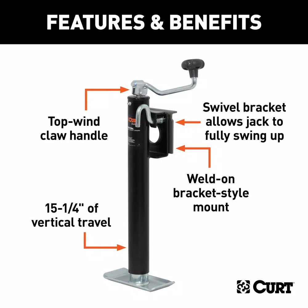 CURT Swivel Bracket-Mount Trailer Jack with Top Handle, 2,000 lbs. Capacity, 15 in. Travel