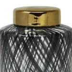 Benjara Large Black and White Ceramic Ginger Jar with Criss Cross Pattern and Gold Lid thumbnail 2