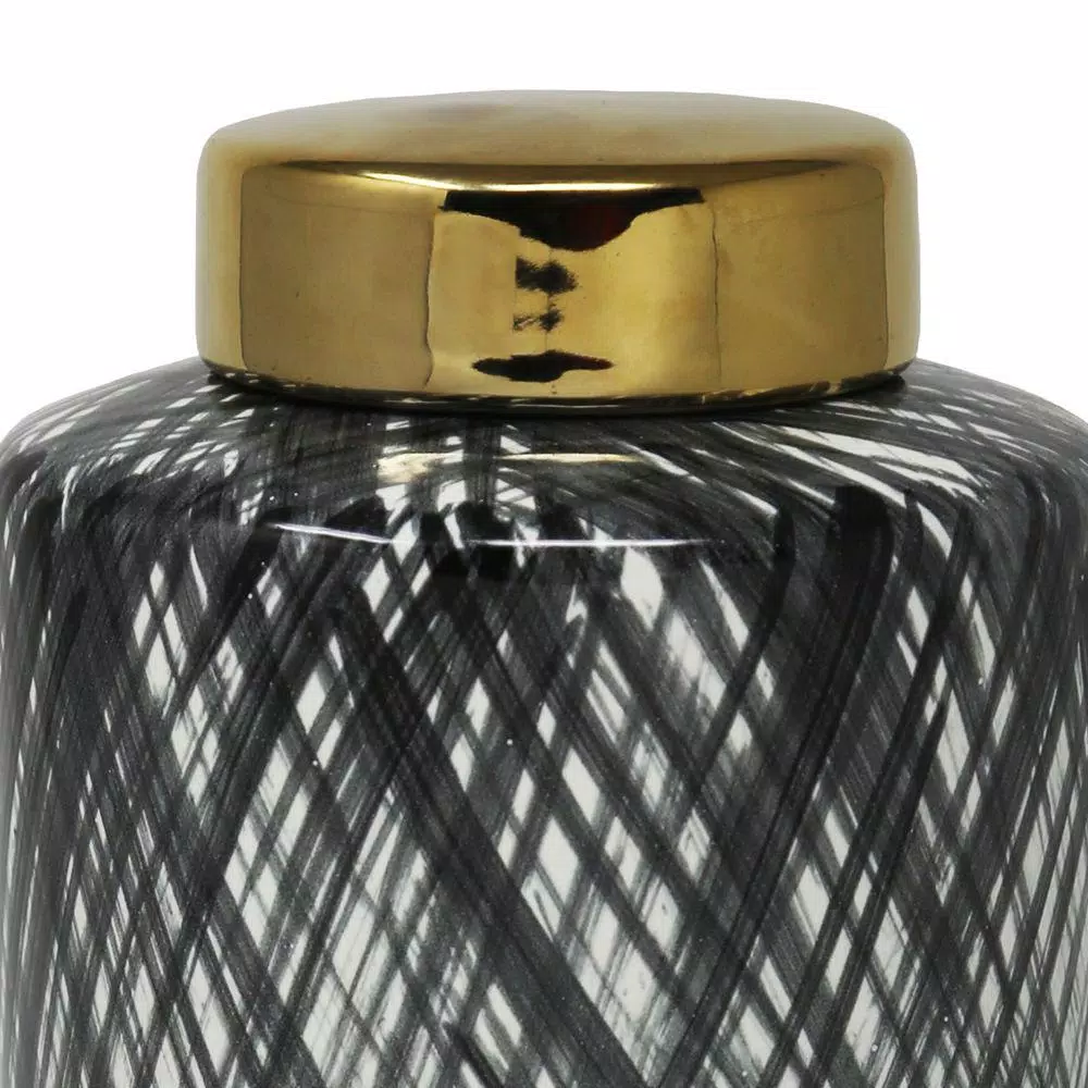 Benjara Large Black and White Ceramic Ginger Jar with Criss Cross Pattern and Gold Lid