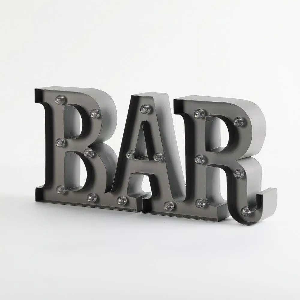 Winsome House Bar Marquee Lighted Sign with 17 LED Globe Bulbs - Gray Metal Wall Decor