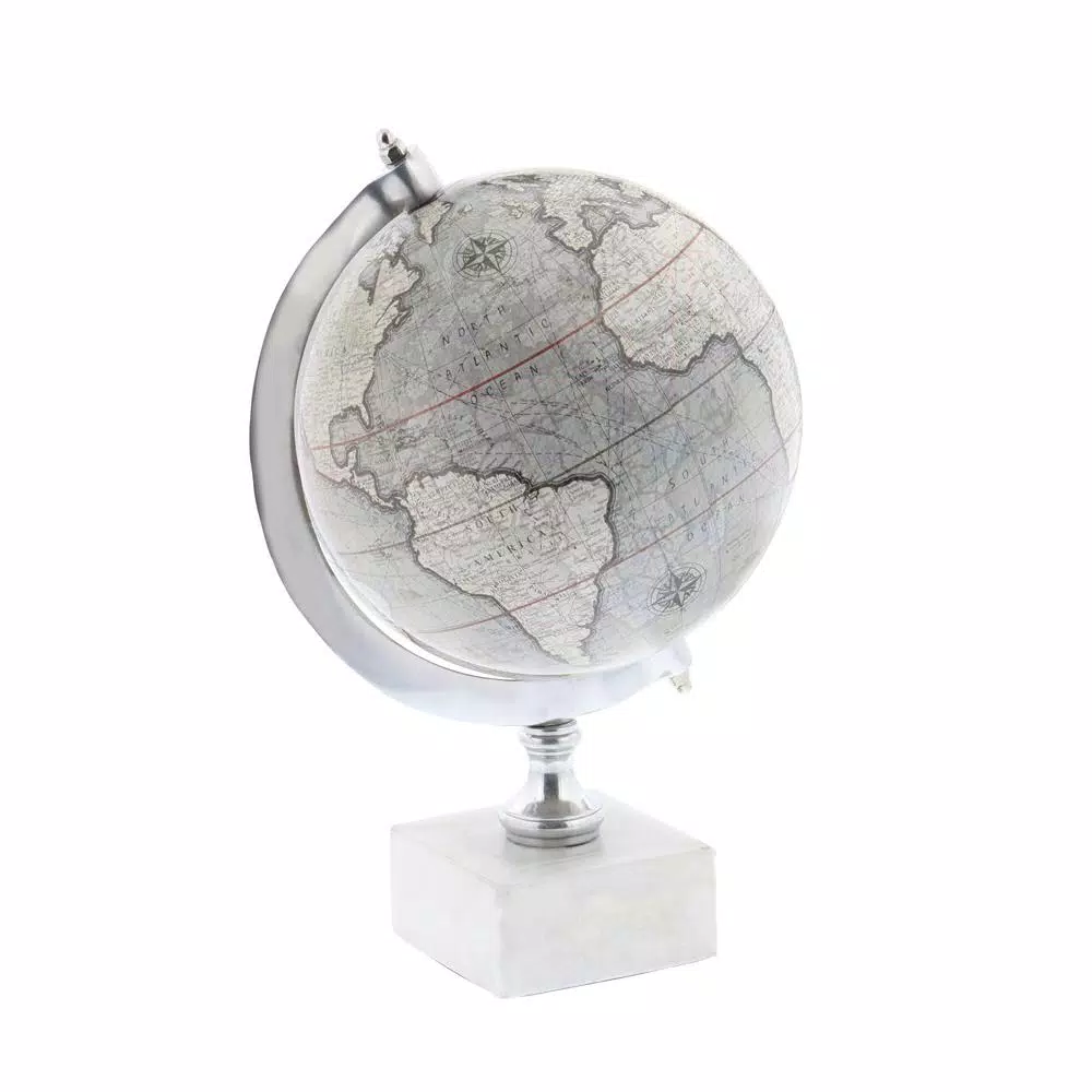 LITTON LANE 11 in. Modern Decorative White and Silver Globe with Stoneware Base