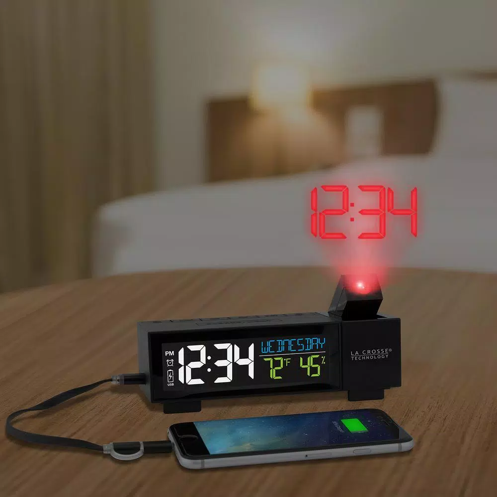 La Crosse Technology Pop-Up Projection Alarm Clock with USB Charging Port, Temperature and Humidity Display, Black