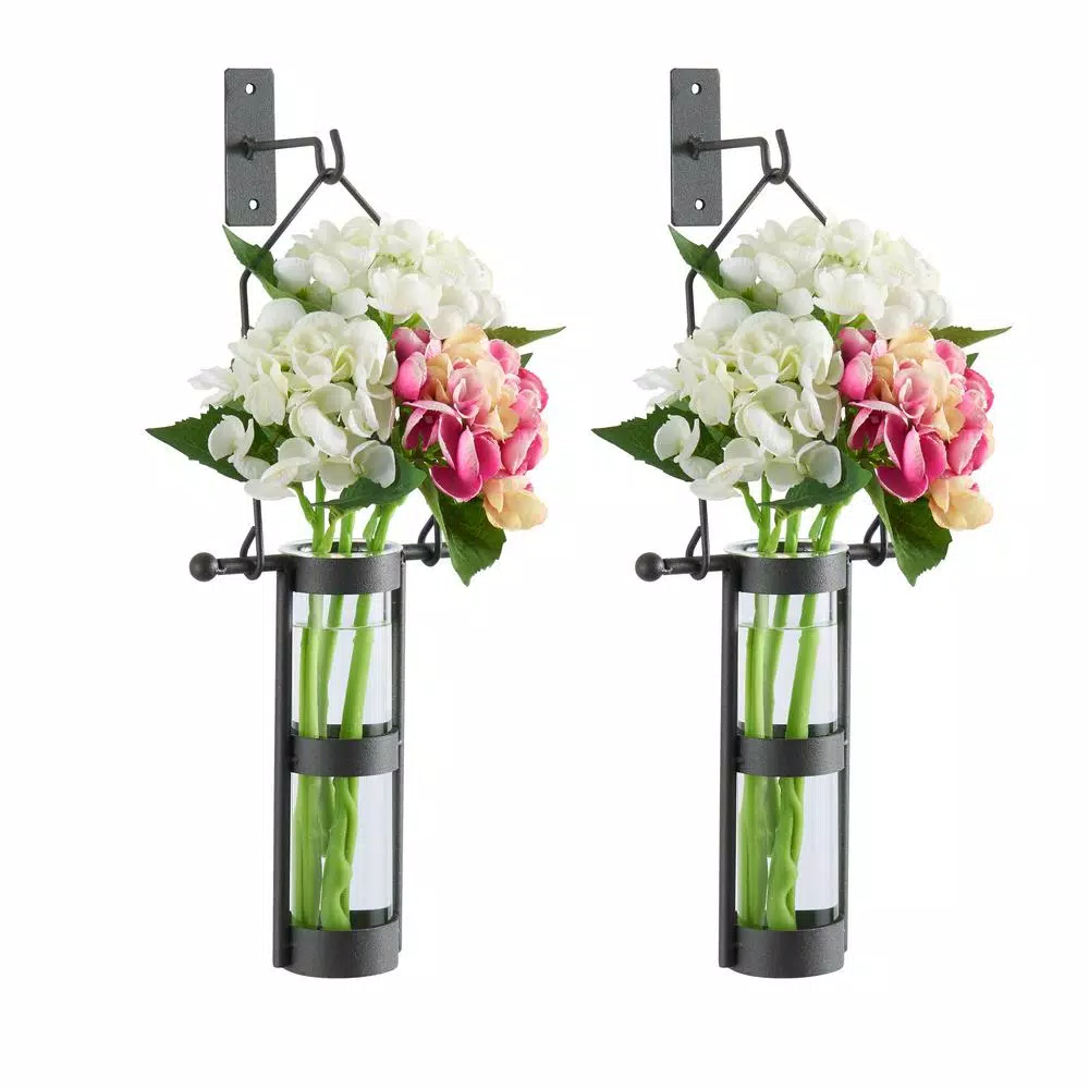 DANYA B Urbanne Rustic Black Metal and Recycled Glass Cylinder Wall Hanging Vases, Set of 2