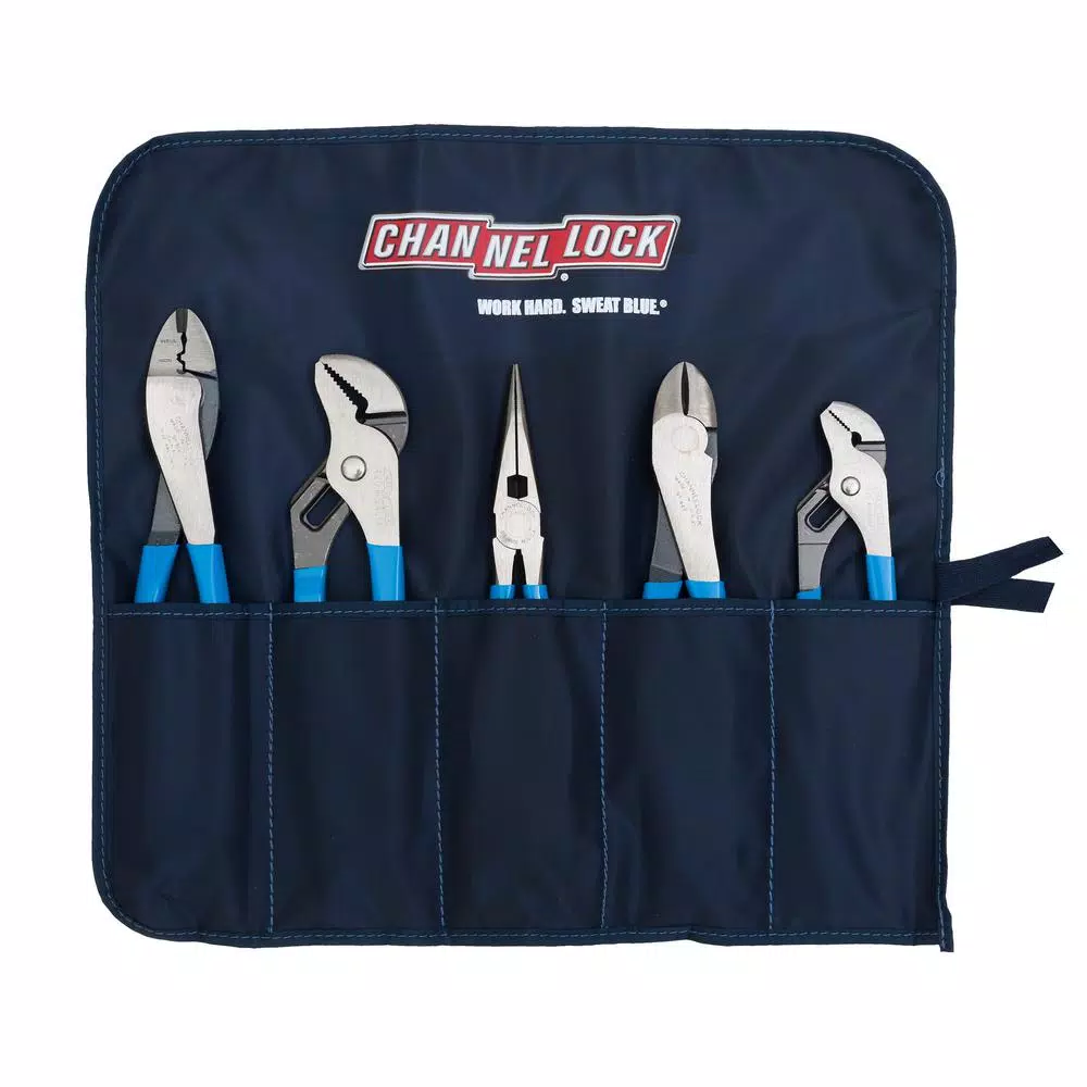 Channellock 5-Piece Plier Set with Tool Roll - Tongue and Groove, Long Nose, Diagonal and Crimper Pliers