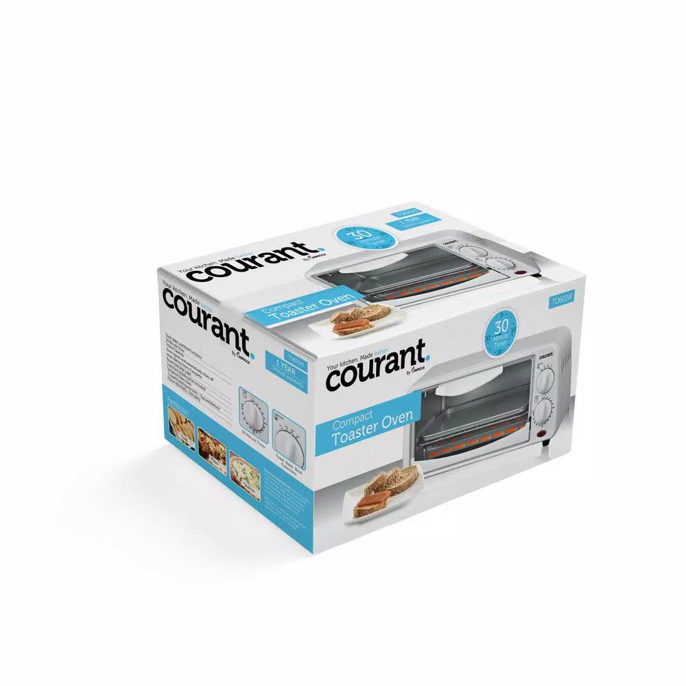 Courant Compact 650W 2-Slice White Toaster Oven with Bake Tray and Toast Rack