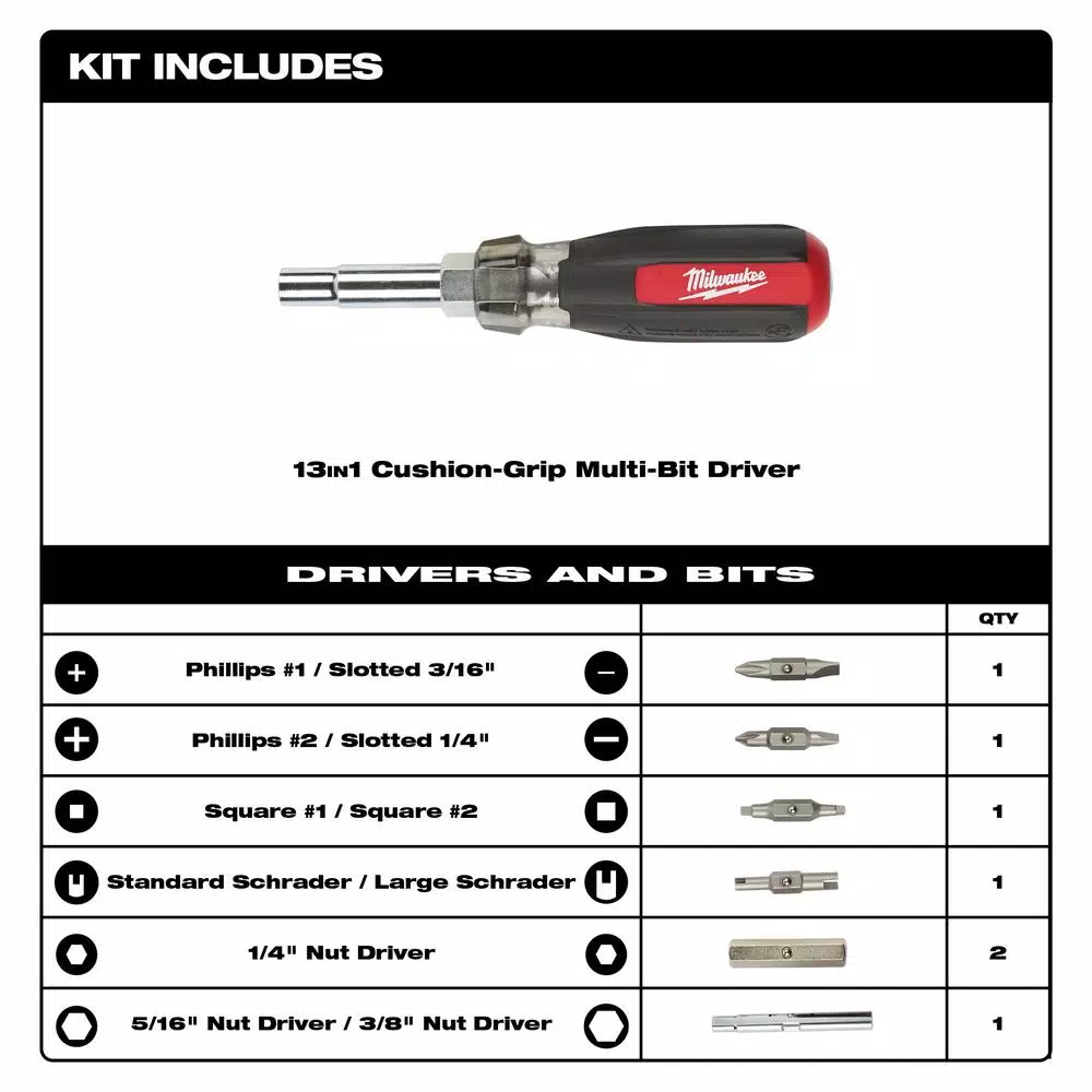 Milwaukee 13-in-1 Multi-Tip Cushion Grip Screwdriver with Schrader Bit