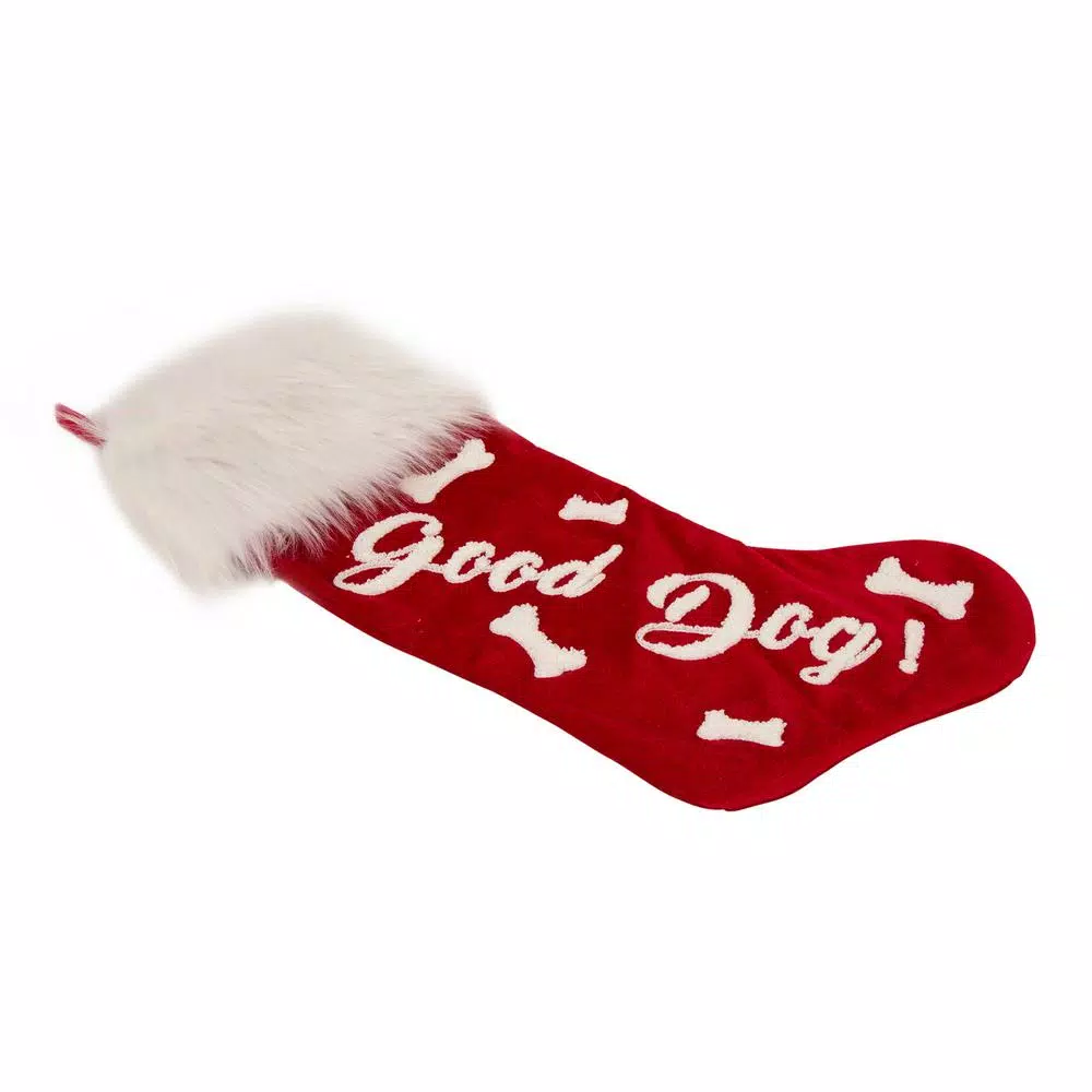 Glitzhome 21 in. Red Polyester Velvet Christmas Stockings with Plush Cuff - Good Dog Print (2-Pack)