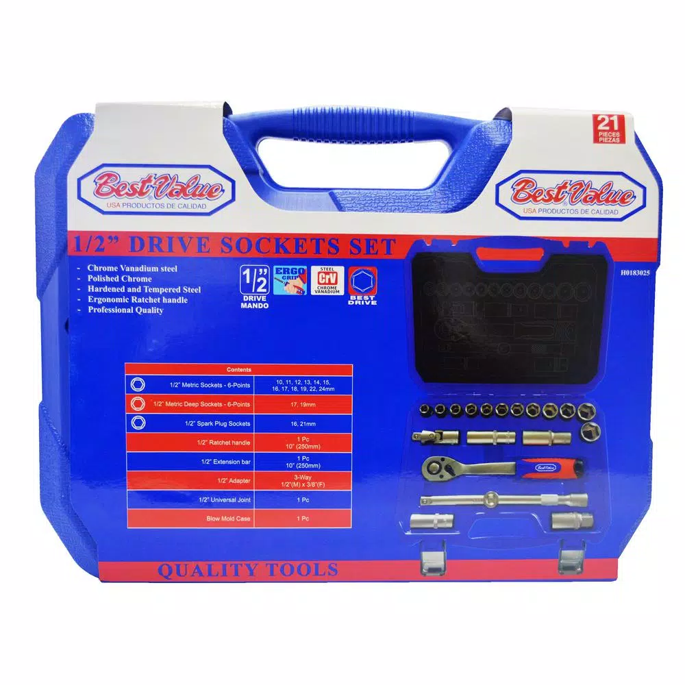Best Value 21-Piece 1/2 in. Metric Socket Set with Ratchet, Extension Bar, and Blow Mold Case