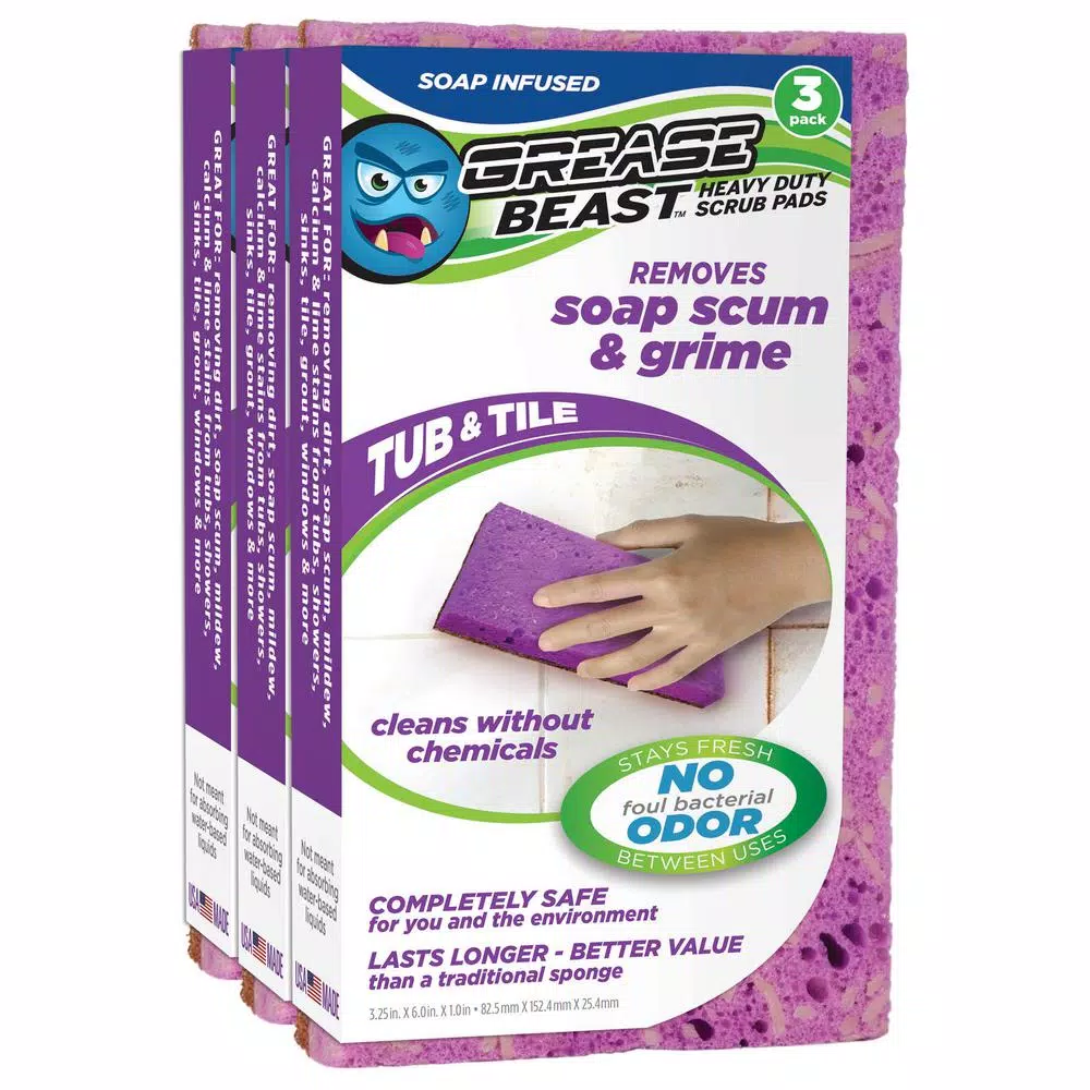 Grease Beast Soap-Infused XL Heavy-Duty Tub and Tile Scrub Sponge (3-Pack) - Odor and Bacteria Resistant
