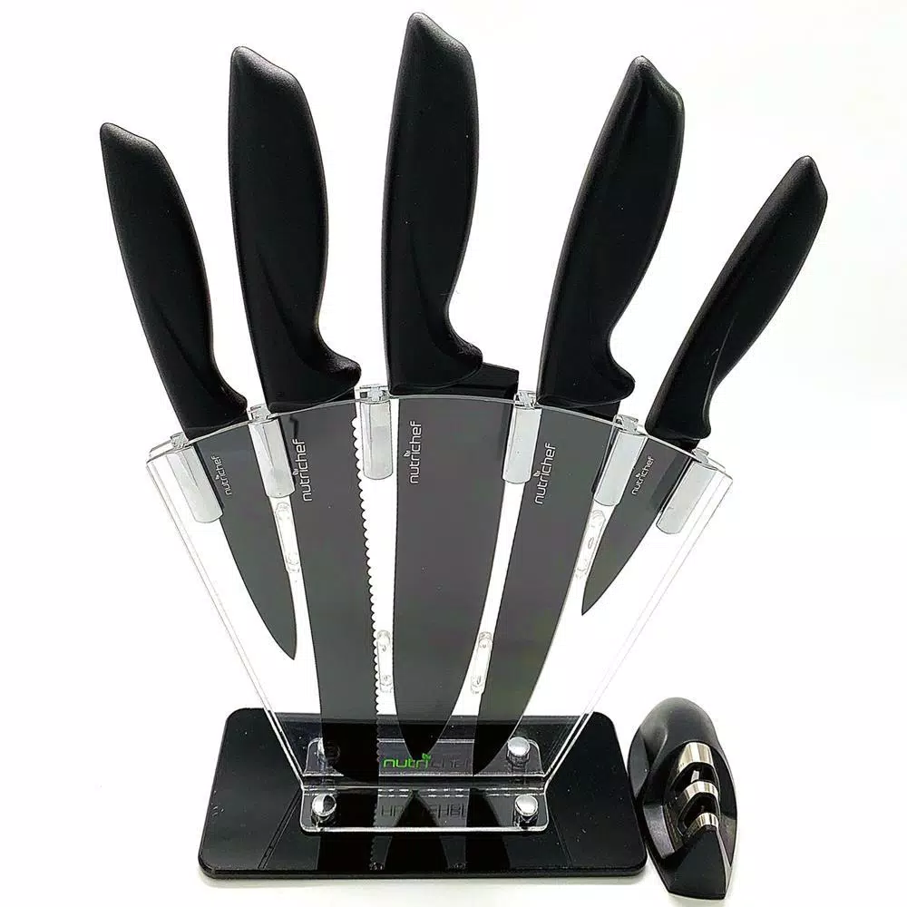 NutriChef 7-Piece German Stainless Steel Precision Kitchen Knife Set with Block Stand