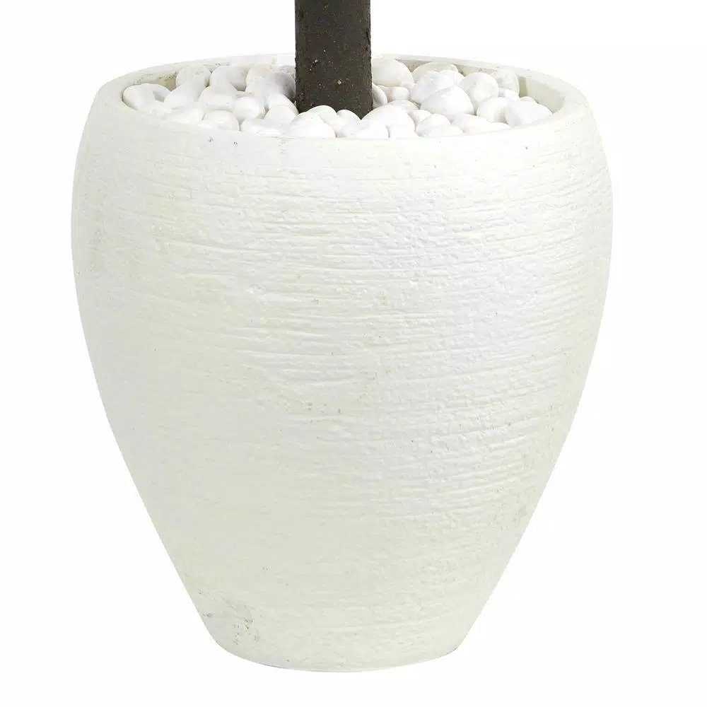 Nearly Natural 26 in. Artificial Boxwood Topiary Tree with White Oval Planter and River Rocks