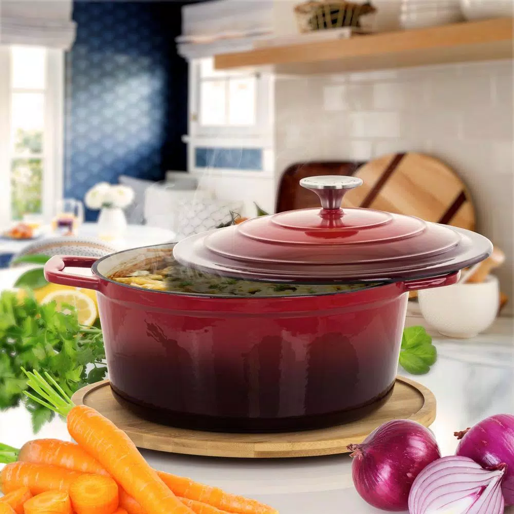MegaChef 4 Qt. Round Enameled Cast Iron Casserole Dish with Lid, Red