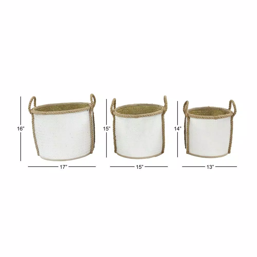 LITTON LANE Set of 3 Round Palm Leaf and Rope Wicker Storage Baskets with Handles, White