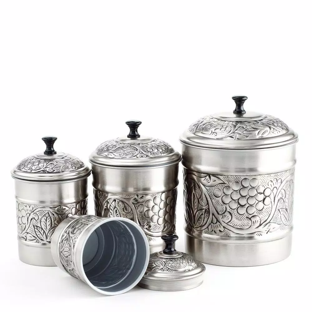 Old Dutch Heritage 4-Piece Antique Pewter Embossed Canister Set, Stainless Steel
