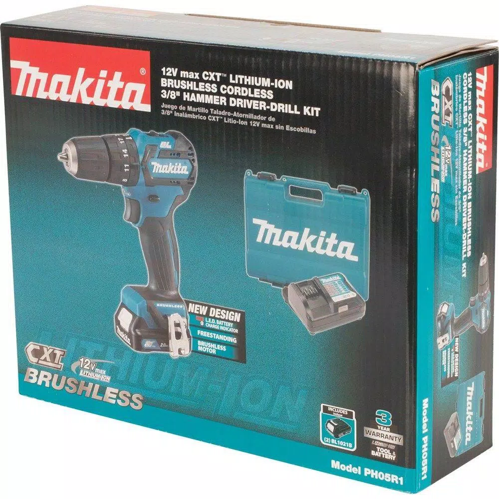 Makita 12V Max CXT Brushless 3/8 in. Cordless Hammer Driver-Drill Kit w/ (2) 2Ah Batteries, Charger & Case