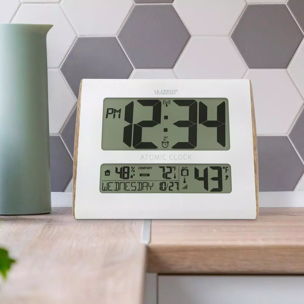 La Crosse Technology Digital Atomic Faux Wood Sided Wall Clock with Indoor/Outdoor Temperature and Humidity