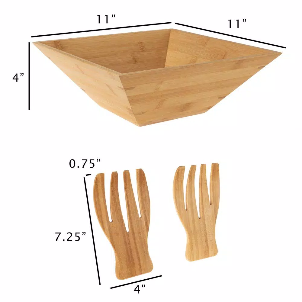 Classic Cuisine 11 in. Square Bamboo Salad Bowl Set with Two Utensils