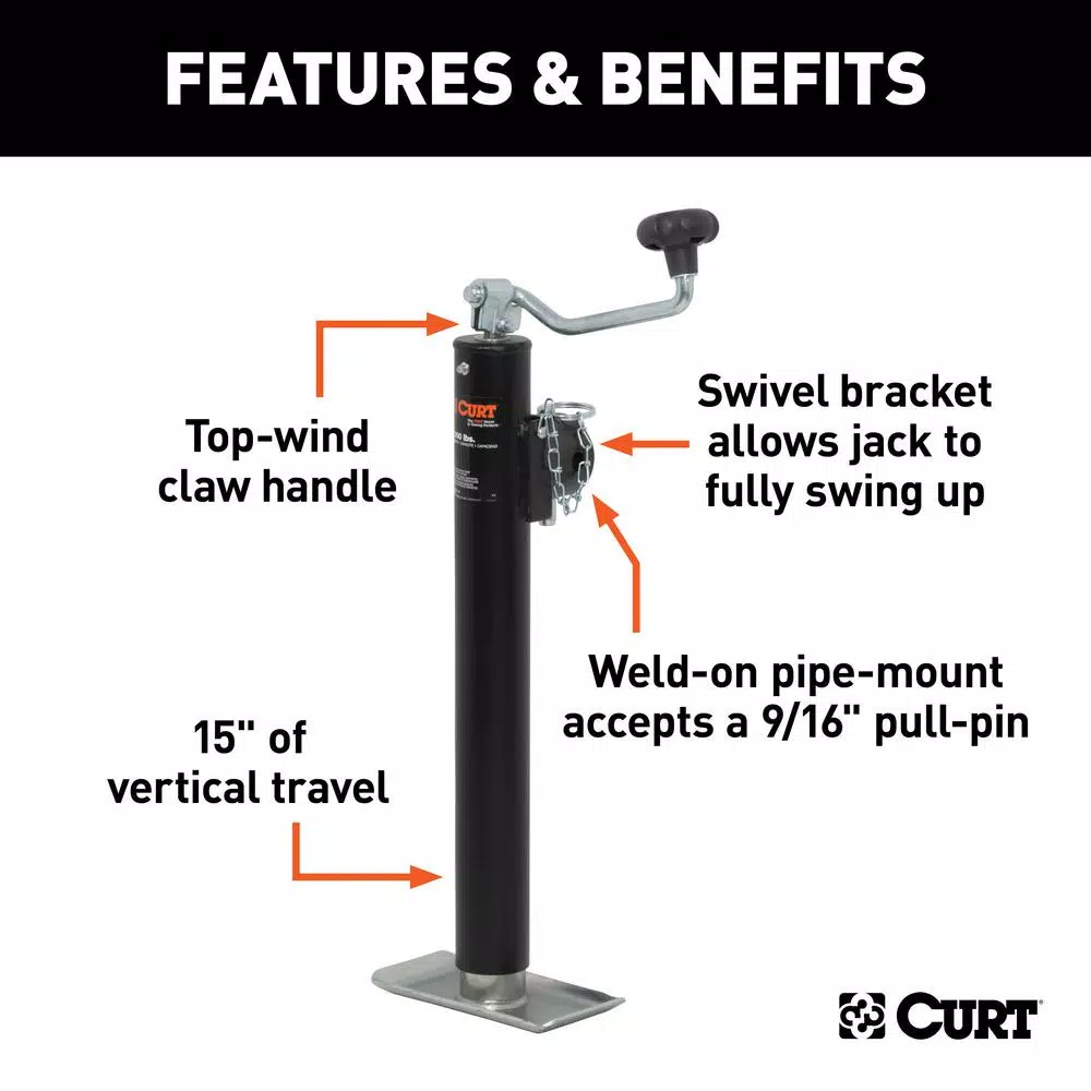 CURT Pipe-Mount Swivel Trailer Jack with Top Handle, 2,000 lbs. Capacity, 15 in. Travel