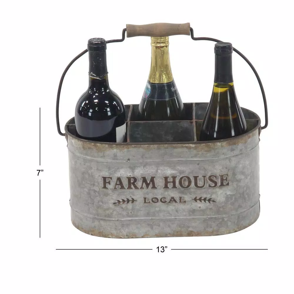 LITTON LANE Distressed Silver Iron 6-Bottle Oval Wine Caddy with Fir Wood Handle