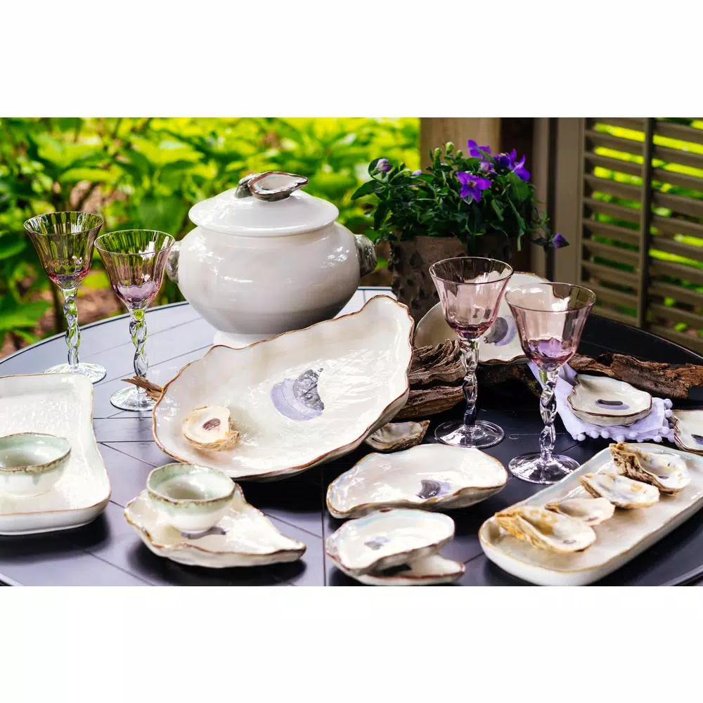 Abigails Seaside Ivory and Green Ceramic Oyster Serving Tray - Handmade in Italy