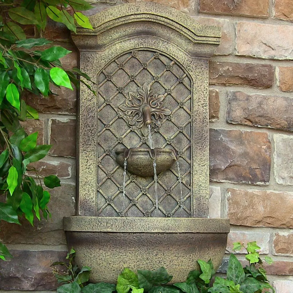 Sunnydaze Decor Rosette Leaf Florentine Stone Outdoor Wall Fountain, Gold