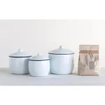 3R Studios 3-Piece Enameled Metal Canister Set with Lids, White with Black Rim thumbnail 3