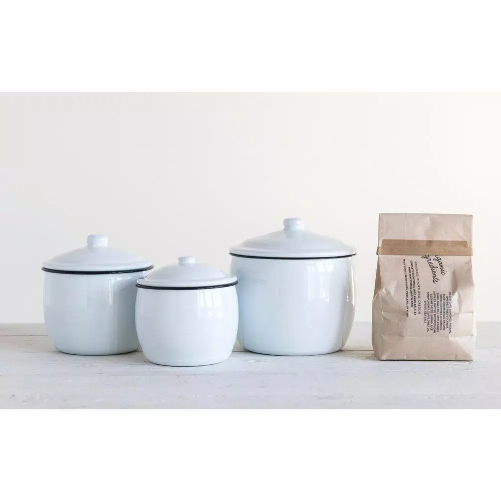 3R Studios 3-Piece Enameled Metal Canister Set with Lids, White with Black Rim