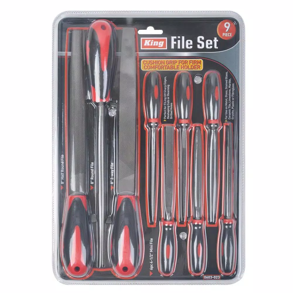 KING 9-Piece Steel File and Rasp Set with Cushioned Grip