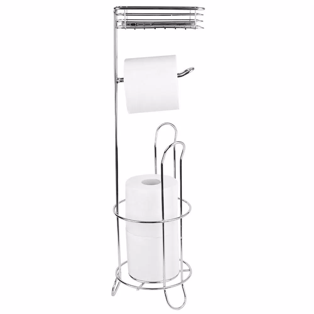 Home Basics Chrome Free-Standing Toilet Paper Holder with Built-In Accessory Tray and Storage Base