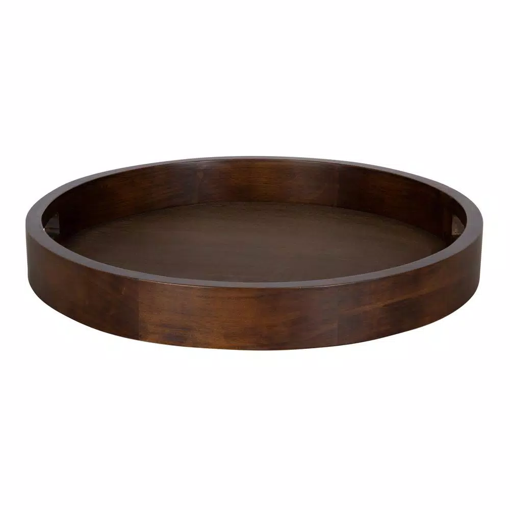 Kate and Laurel Hutton 18.25 in. Round Walnut Brown Wooden Decorative Serving Tray with Built-in Handles