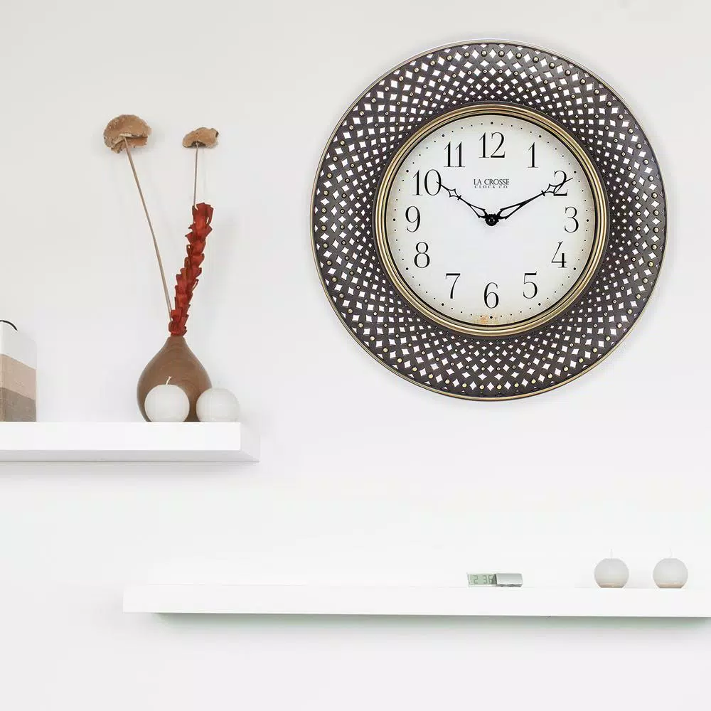 La Crosse Technology 16 in. Antiqued Brown Lattice Round Analog Wall Clock with Quartz Movement