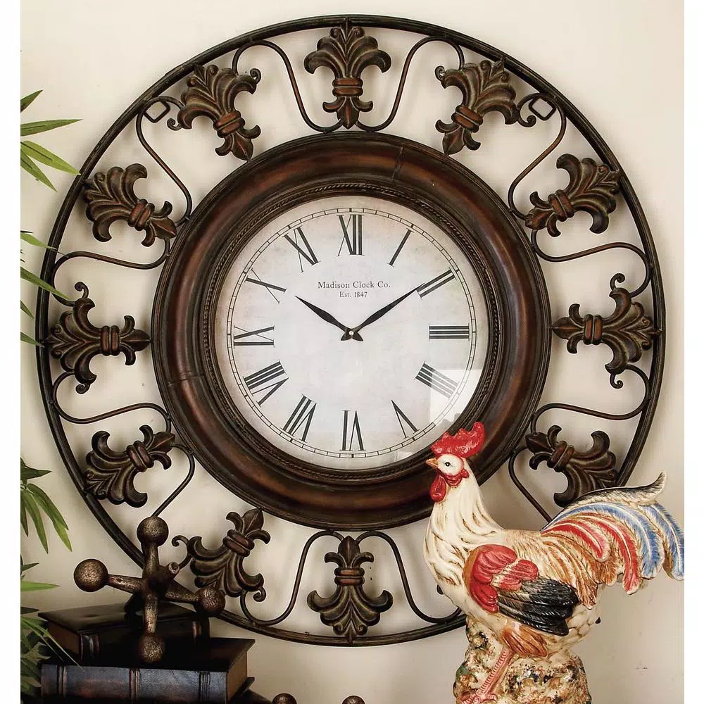 LITTON LANE 38 in. Traditional Fleur-De-Lis Iron Wall Clock - Distressed Bronze Finish