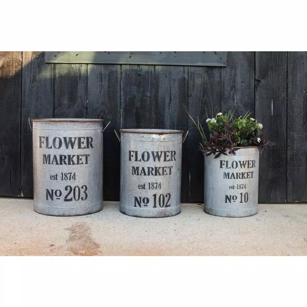 3R Studios Rustic Metal Flower Market Buckets with Handles, Set of 3, Grey Farmhouse Decor