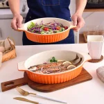 MALACASA 2-Piece Orange Oval Porcelain Bakeware Set, 12.75 in. and 14.5 in. Ceramic Baking Pans thumbnail 2