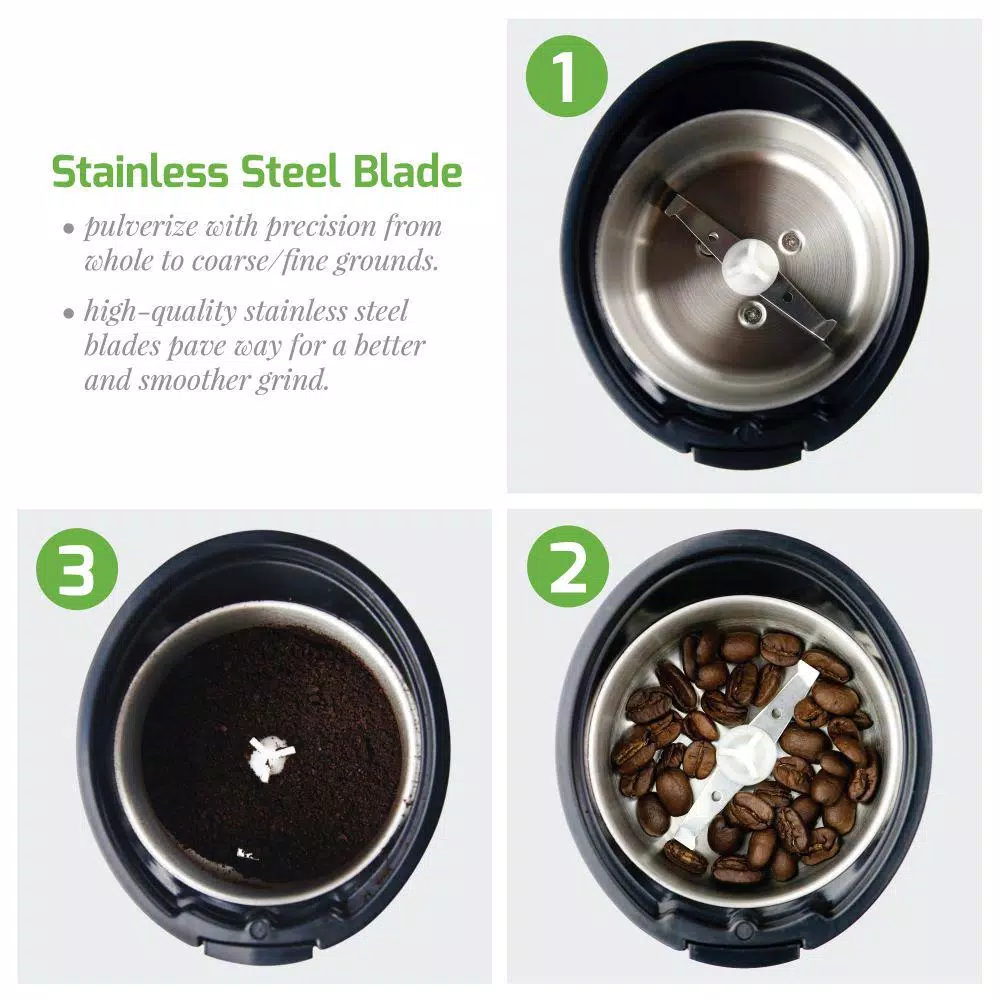Ovente 150W Electric Coffee Grinder, Stainless Steel Blades, 2.5 oz Capacity, Black